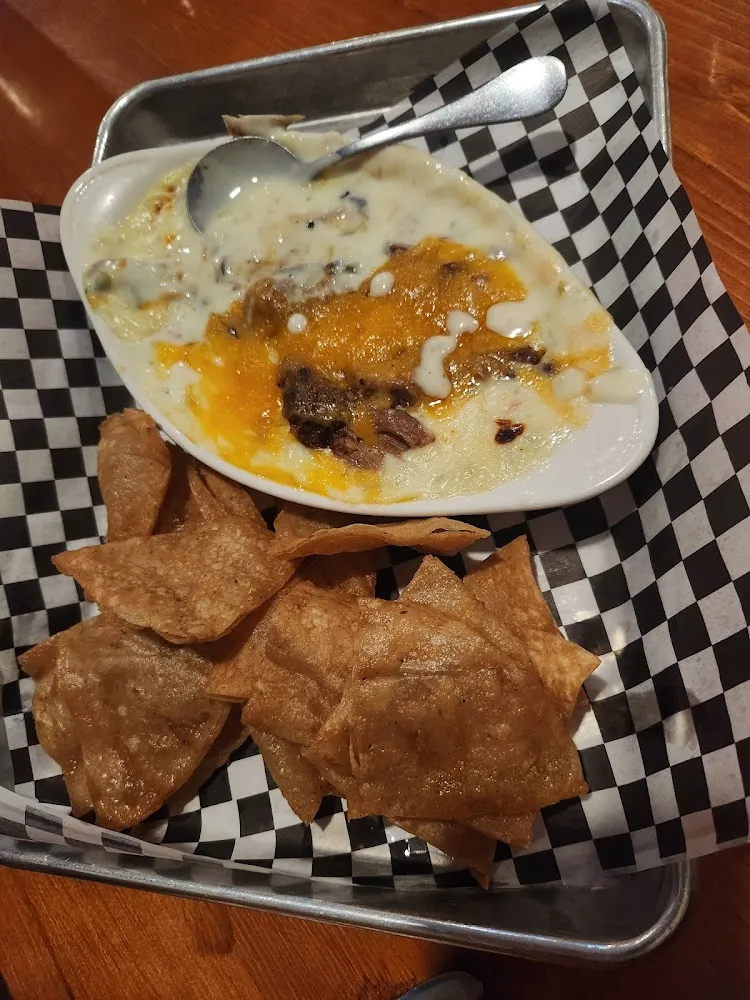 Queso with Pulled Pork and Fresh Made Tortilla Chips